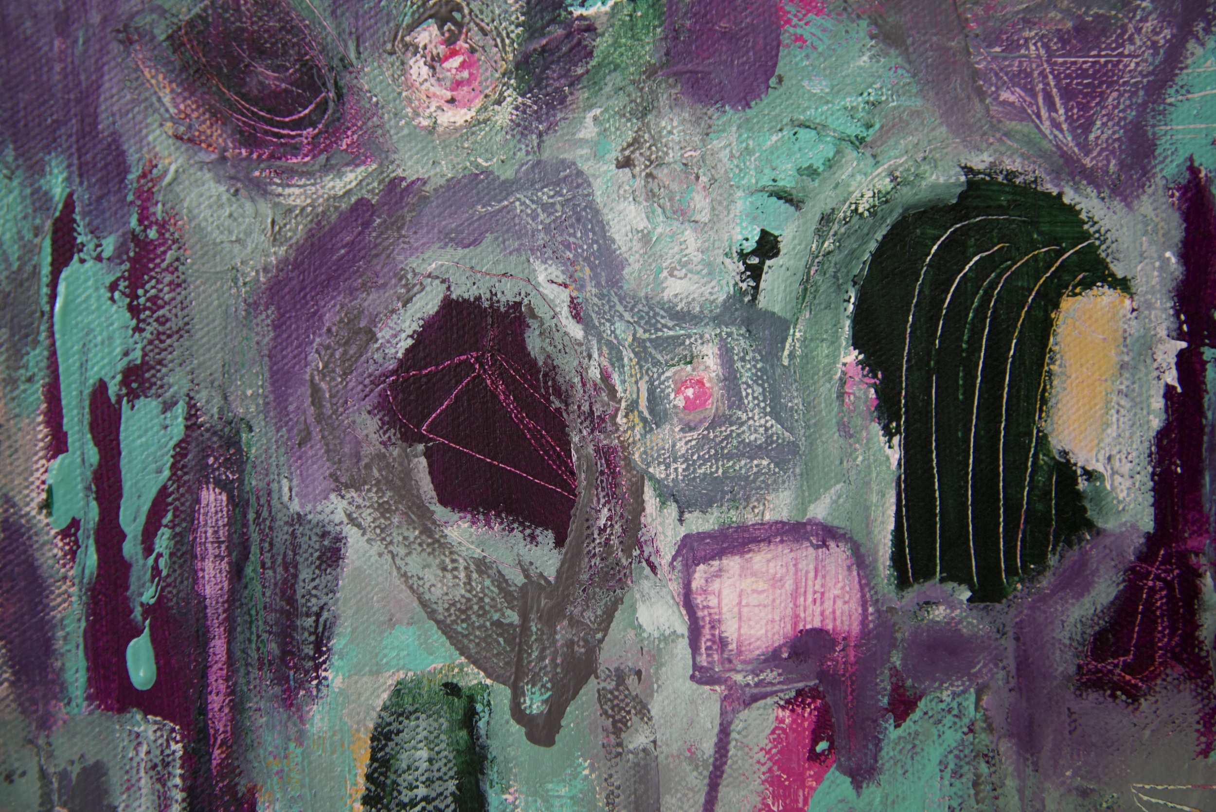 I am a member at a local Art Gallery in town & I finally set a date for my first solo exhibit last week! ( Insert happy face here) I will post more details in May but, if you are local, save the date. My opening reception will be on Saturday June 4th at 7:00pm. This is a detail of a larger painting I just completed. It is the first painting I have made for the show...loving the purple and green combination. Come on Spring!!