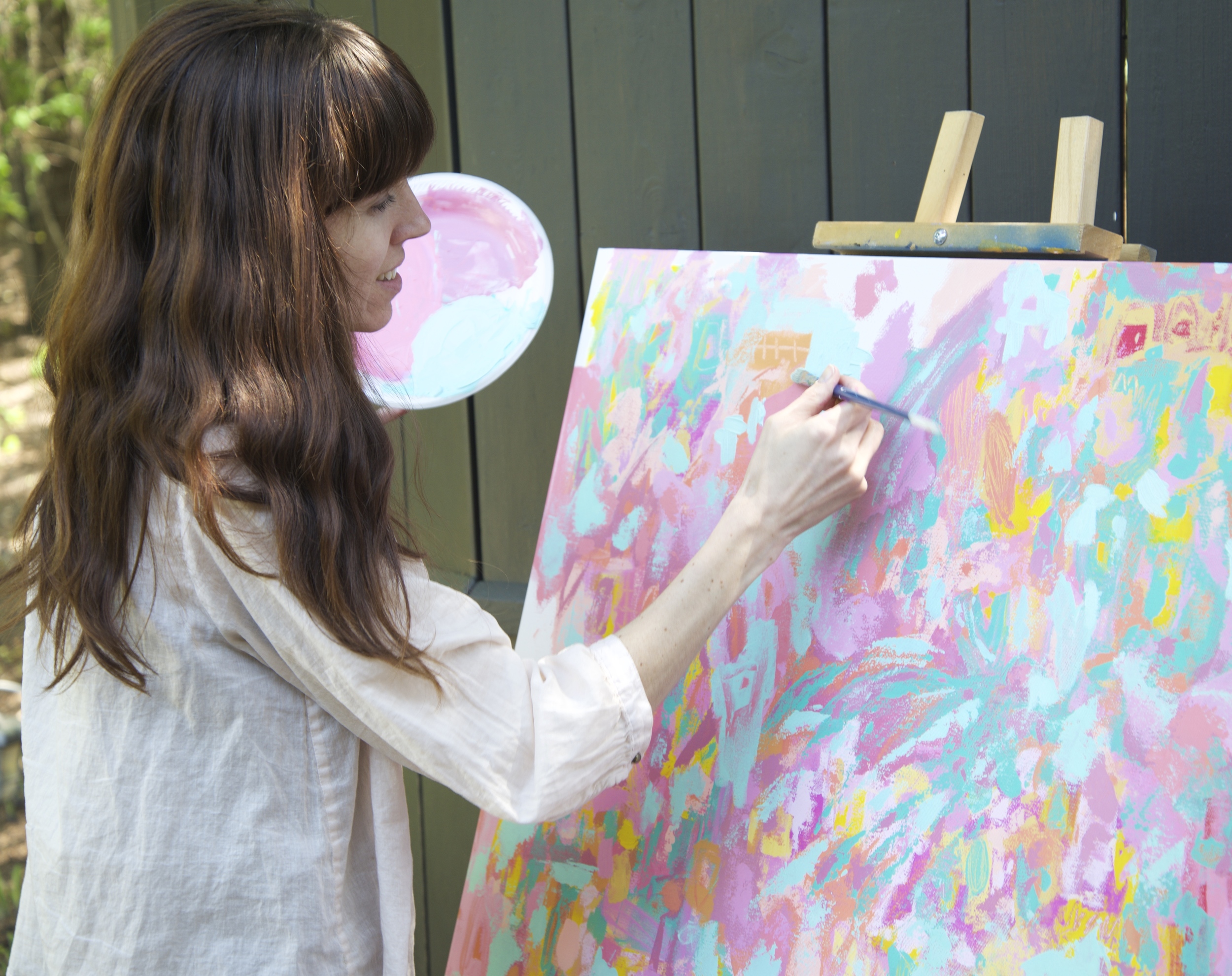 The other day I got a chance to paint outside which was amazing. Our winter was so long!! My husband took a fun video of me during the process of this piece the previous day. I am almost finished it in this photo. 