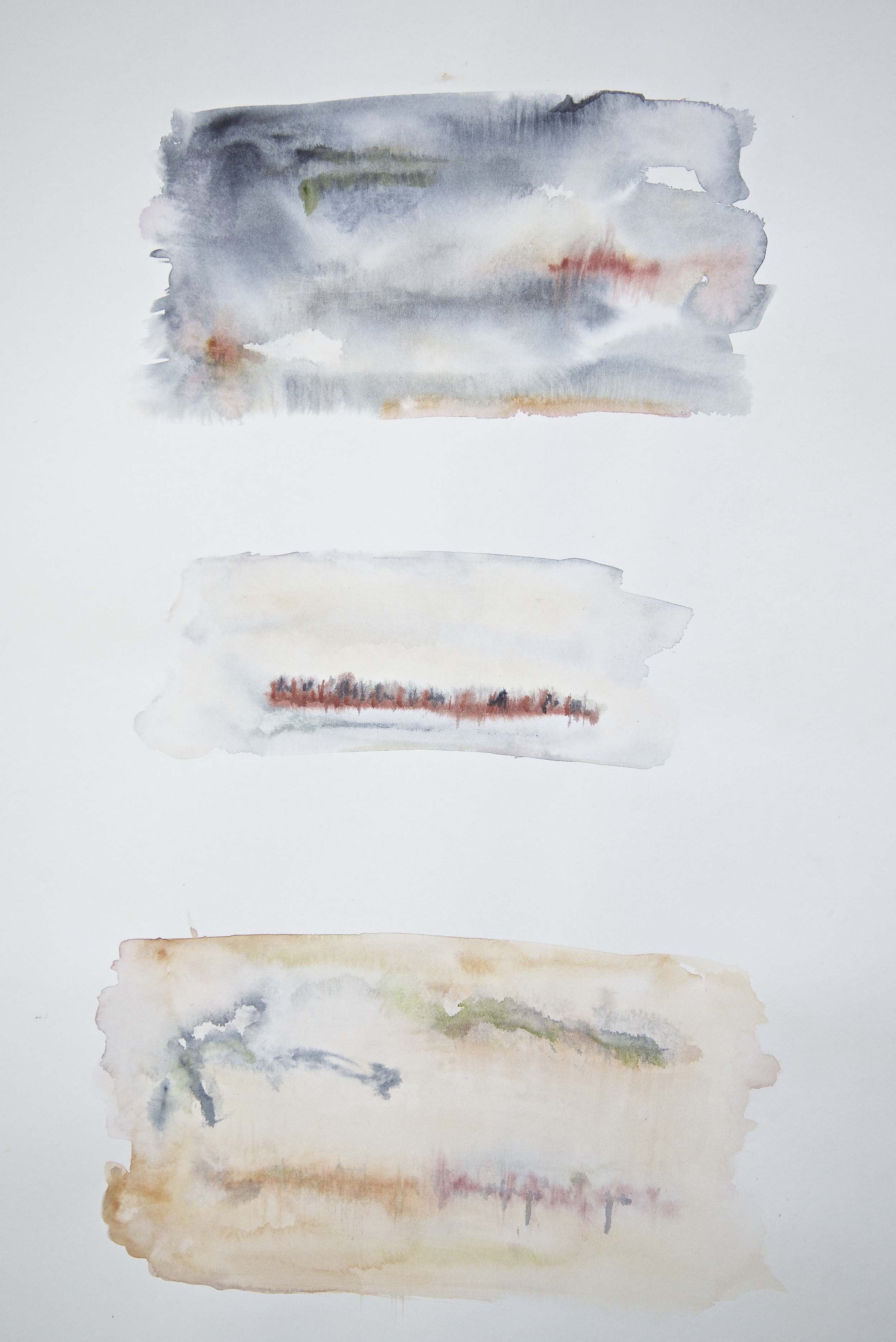 Stacked rectangular compositions were my go to. I was influenced by artist Mark Rothko a lot during this period and his colour blocks. Each individual form was comprised of a few lines, mark making was quite simplistic for me. Adding water to the paint created a tension that I can still remember today. Looking at them now they appear to reference a landscape in some way.