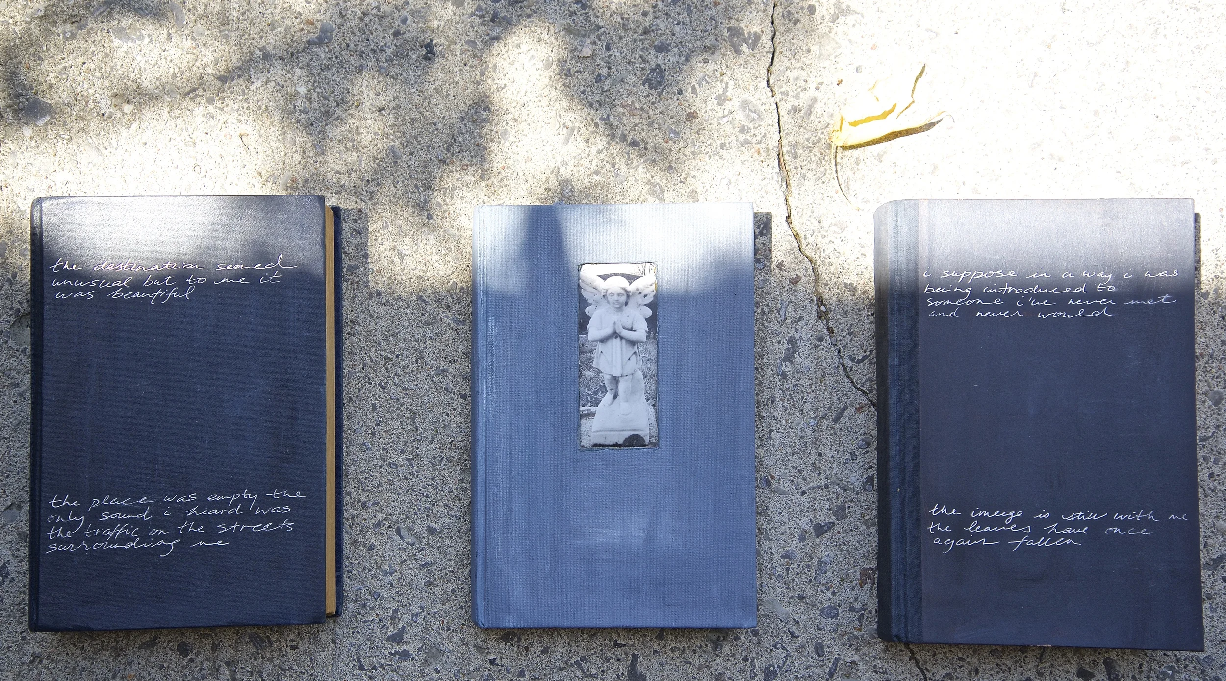 This installation hung on the wall, the brackets are on the back of these books that I painted from a thrift shop. This was an assignment (not sure the topic), I had the idea that I wanted to have a photo of an angel inside one of the books and travelled to a cemetery in my hometown to find this. For a while I was into discovering unique decorative statues, I even asked my husband to come to a cemetery while we were on holiday in Cuba. These are dated 1999.