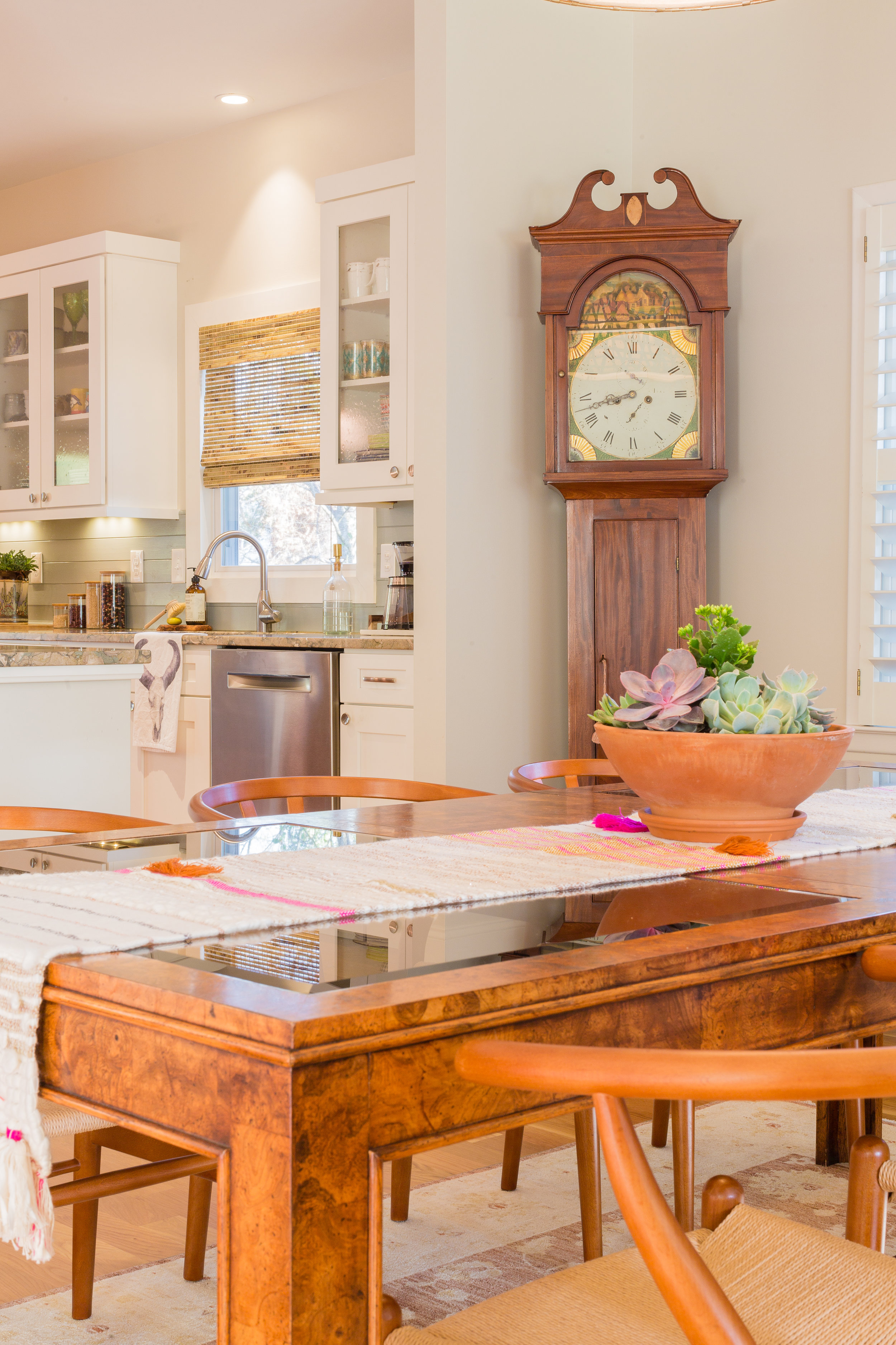 "The grandfather clock was my grandparents. It was made in 1816. We just recently got it working again. You can here it tic tock throughout the house...It's pretty special!"