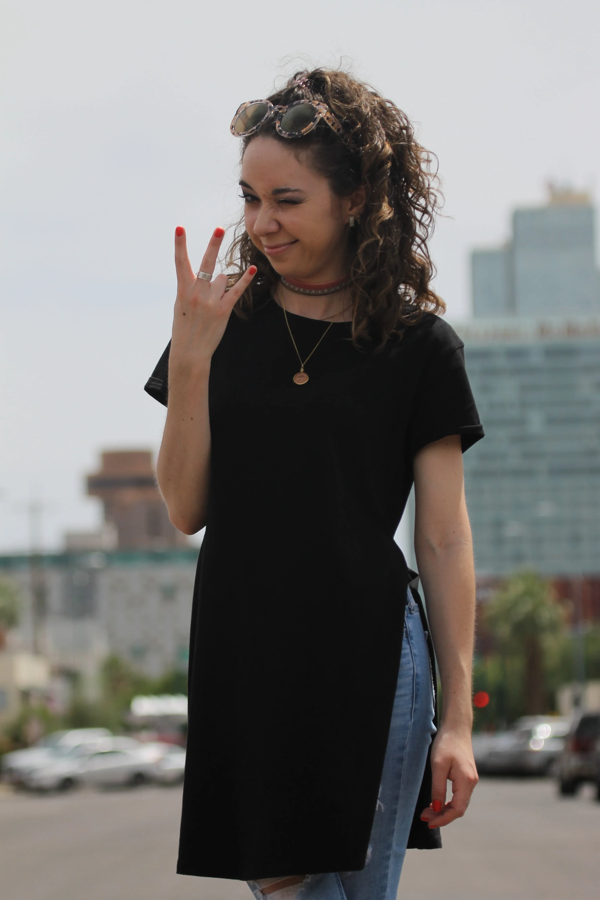 Outfit details: long slit shirt (Forever 21), ripped low jeans (Hollister), layered chokers (gift- Free People), penny necklace (gift- Francesca's), turtle sunglasses (gift- Free People).
