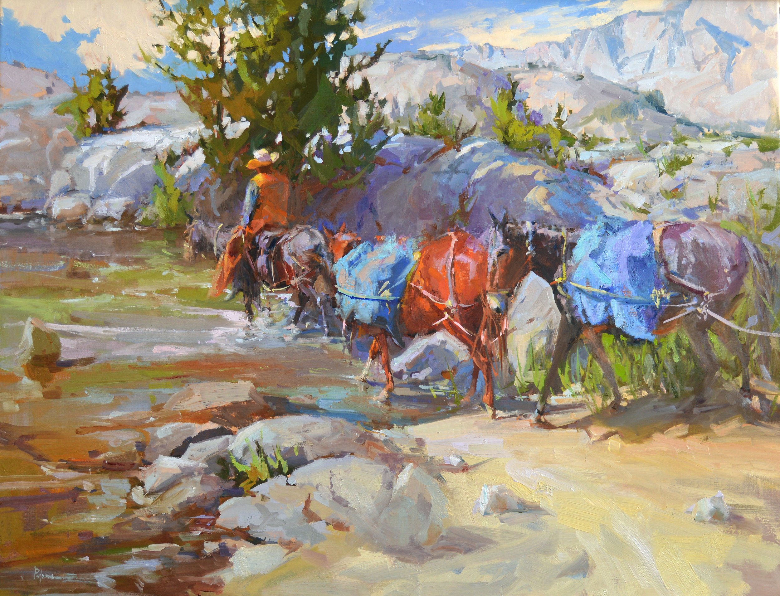 Several plein air paintings were used as the resource for this composite piece created in the studio. The majority of those paintings were made during pack trips in the Eastern Sierra Mountains . Every August a group of us head up for our annual painting, camping trip. We usually make camp somewhere between 9–11,000 ft. elevation. It's a difficult hike for me to make. Living in middle Tennessee doesn't give me much chance to 'practice high elevation breathing.' I work out for months to prepare my muscles for the 6-9 mile hike each year. These pack mules carry the bulk of the load for us, including all of the food for the cook's tent for the trip. Anything over 50 lbs., we pack in ourselves on our backs. This is one sure way of cutting down on what you bring along! I want to think lightweight, warm, dry clothes and boots, minimal colors of paint tubes, fewer brushes , my lightest pochade called a Sketchbook and mini tripod , and Claessens #15 double oil-primed linen mounted on 3mm Sintra or gatorfoam. In this painting, the mules are crossing one of several streams along our way. Often times the mules are on a different trail than we are, but it is a reassuring sight when our paths cross every now and then. In the background we see the Minarets, and Banner Peak, and Mount Ritter (12,264'; 12,936' and 13,150' respectively). We took the Ritter Trail out of Red's Meadow Pack Station. Our camp site was just below Banner Peak on Garnet Lake . Known as part of the Ansel Adams Wilderness , Garnet Lake is 8.55 miles from the trailhead and about 3 miles north of the John Muir Trail. 