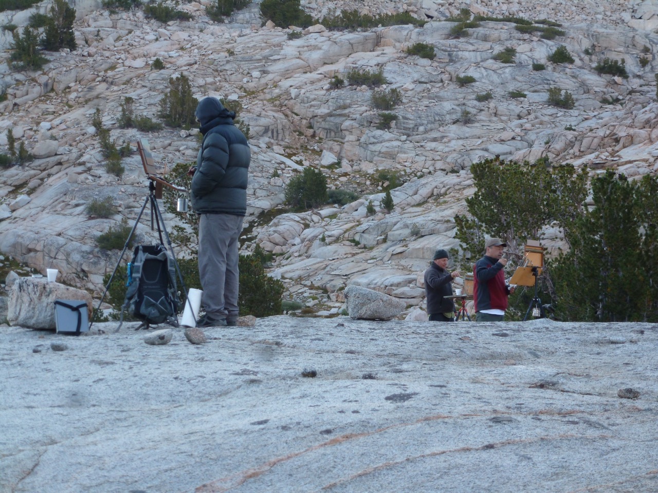 Ernesto Nemesio, Paul Kratter, and Terry Miura painting in the early morning near Drunken Sailor Lake in the Eastern Sierra