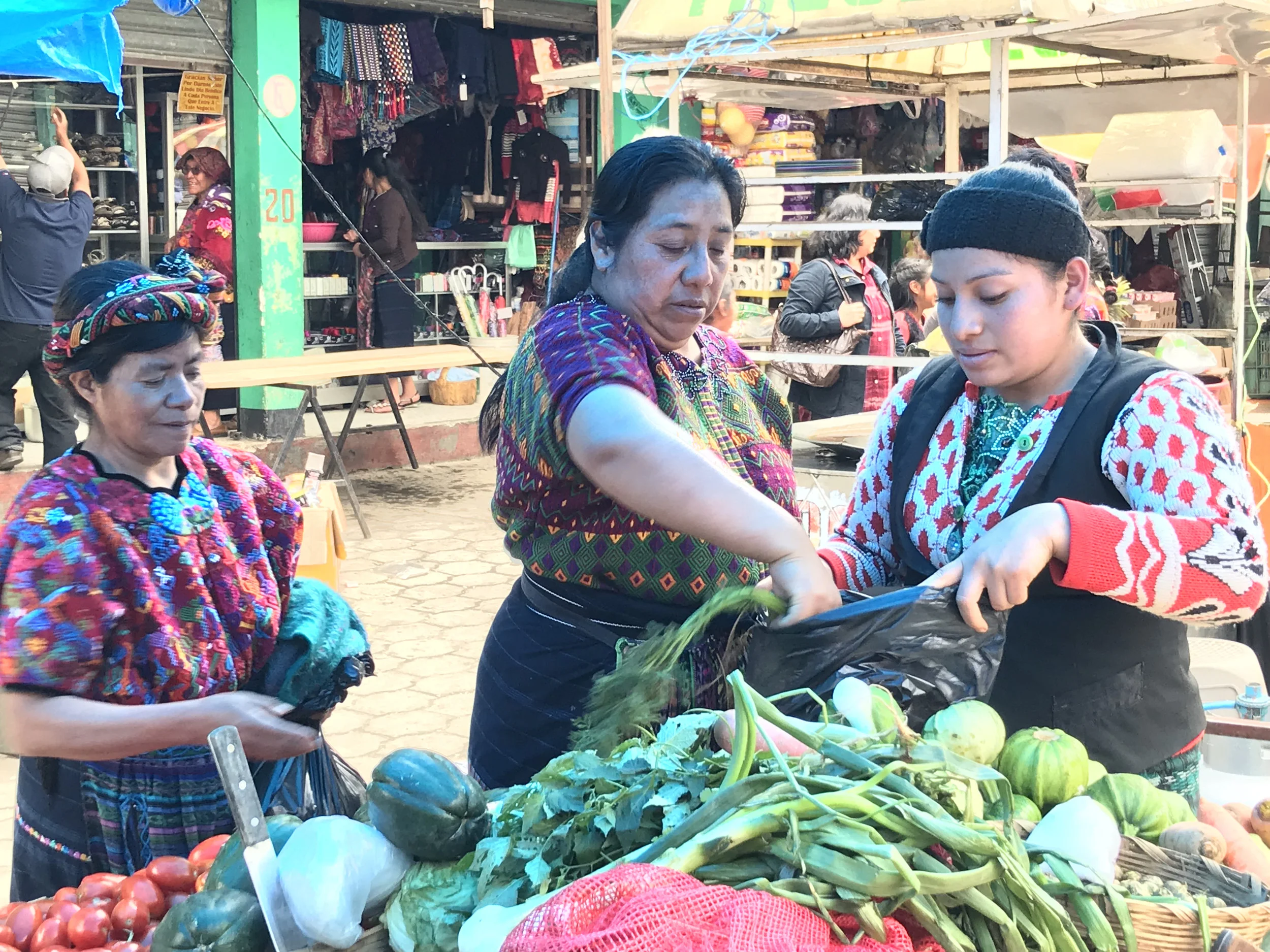 Models Maria and another woman from the Xela AID complex allow us to take photos of them as they choose the best produce for hand-prepared lunches each day.