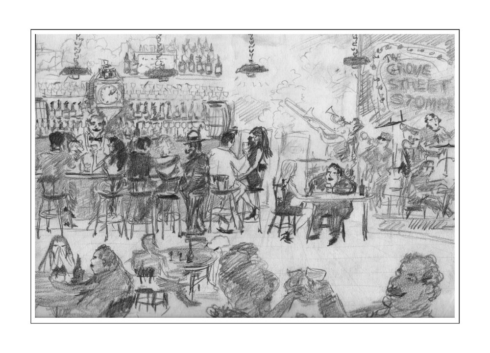 130 - The Grove Street Stompers at Arthurs Tavern (Greenwich Village, NYC), pencil.jpg