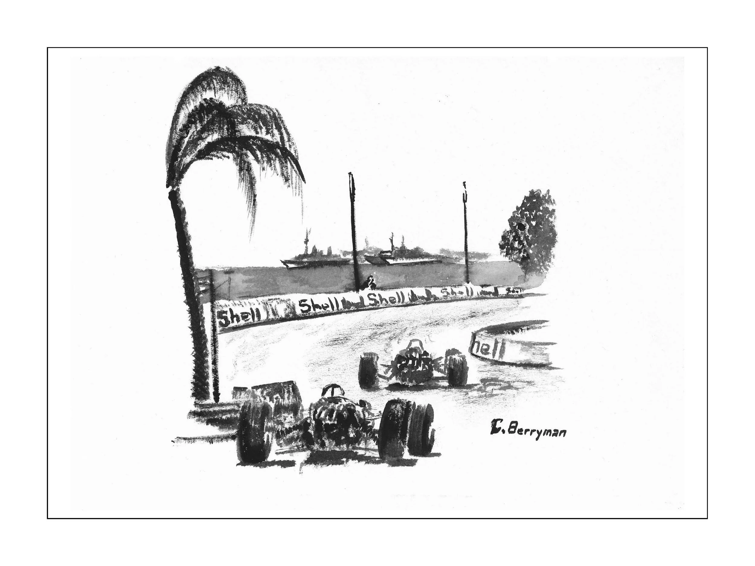 132 - 1967 Monaco GP - Threading the Harbor Chicane, monochrome black watercolor.jpg