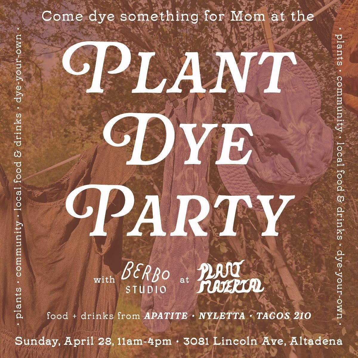 Join me for another plant dye party at @plant_material in Altadena! 🪅

A perfect time to make something for mom &ndash; the party is two weeks before Mother&rsquo;s Day &ndash; or for yourself! 💐

I&rsquo;ll have a menu of a la carte blank items fo