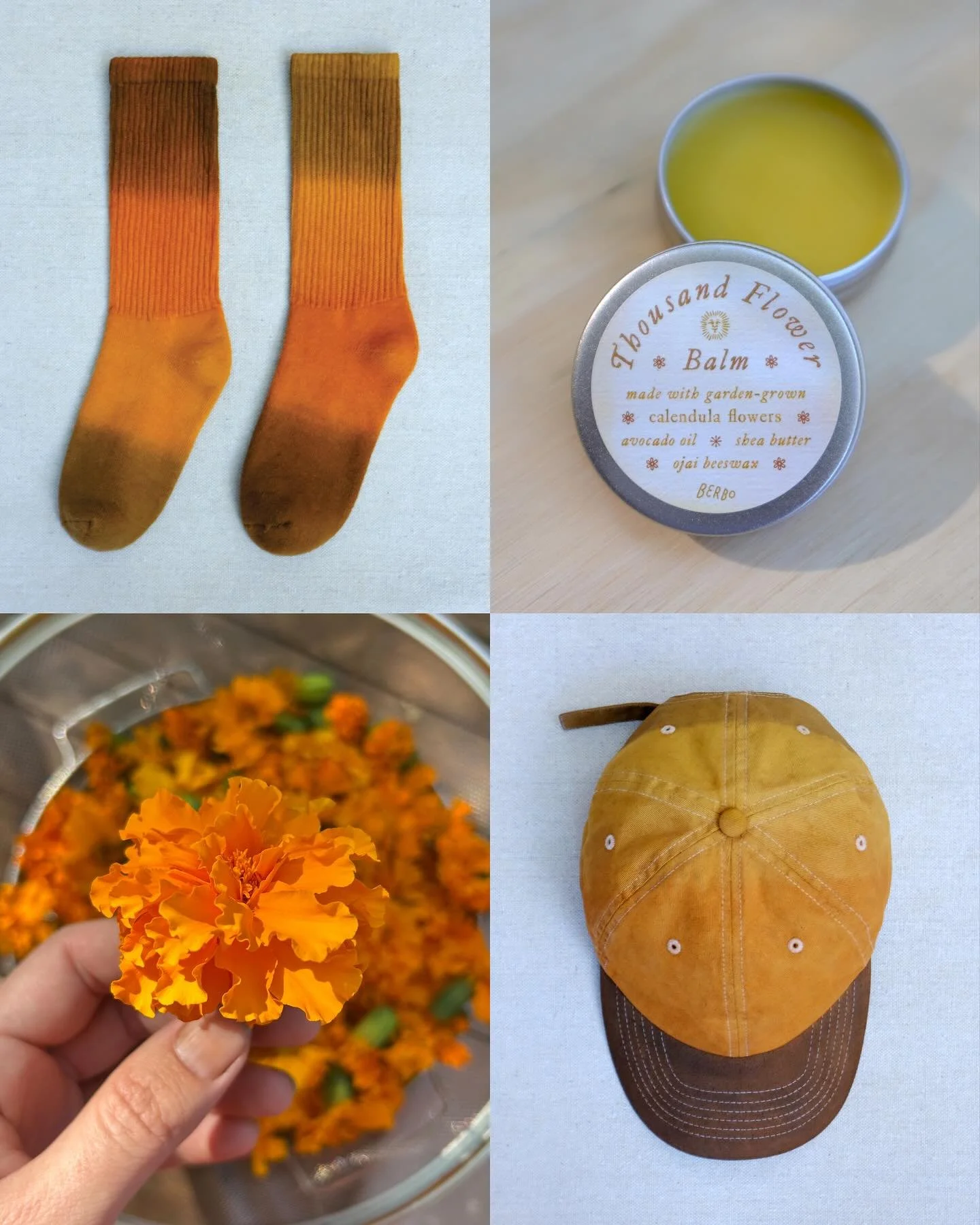 New goods, all made with plants grown from seed in my dye garden.

Warm oranges from dyer&rsquo;s coreopsis and sulphur cosmos; saturated yellows from marigold and peric&oacute;n. Some of these colors saddened to dusty purple and green, with locally 