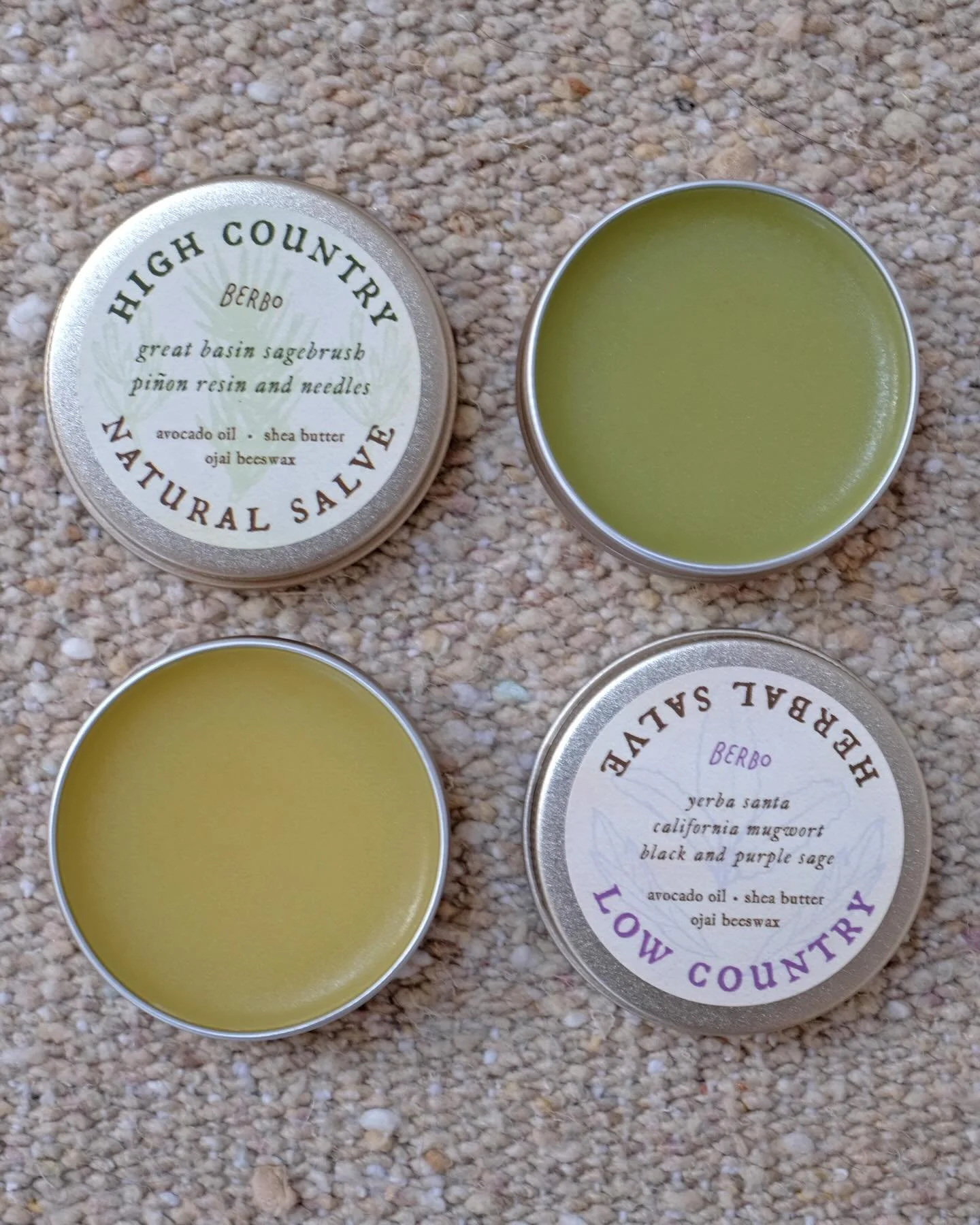 Infused with medicine and scents from the mountains and the lowlands, captured in a nourishing salve to soothe your skin and spirit: 

High Country Salve is heady with the scent of pi&ntilde;on resin and needles and big basin sagebrush. Low Country S