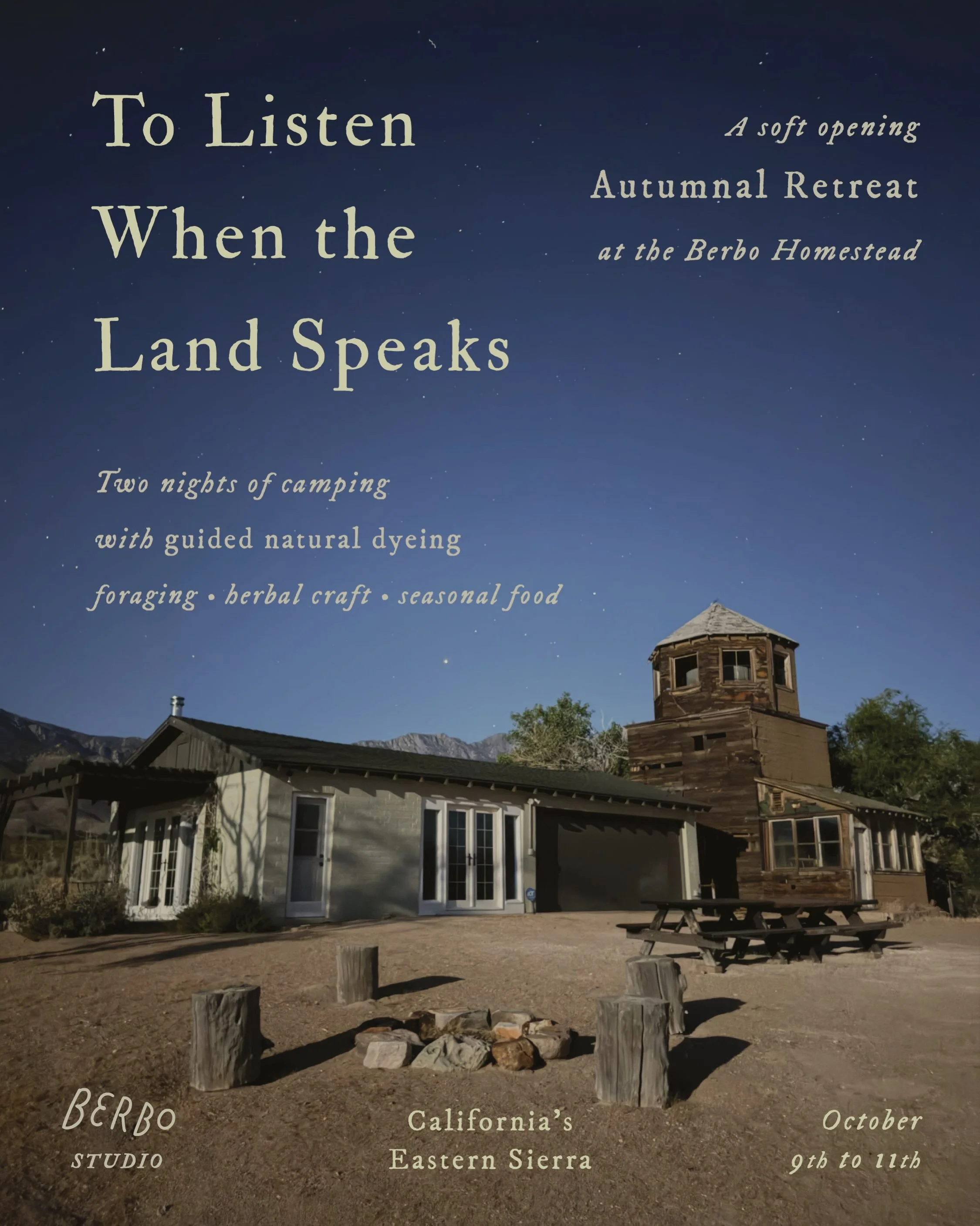 Update: Sold out 🤍 Join the waitlist at the link in my bio to be notified if a spot opens up.

Join me October 9th-11th for an Autumnal Retreat at the Berbo Homestead&mdash;forty acres of land on the edge of the high desert and mountains in Californ