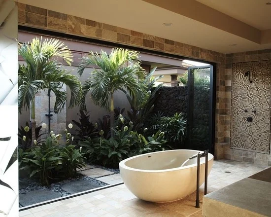 glass walled bathroom