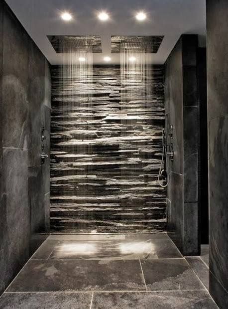 modern doorless bath with double rain showers