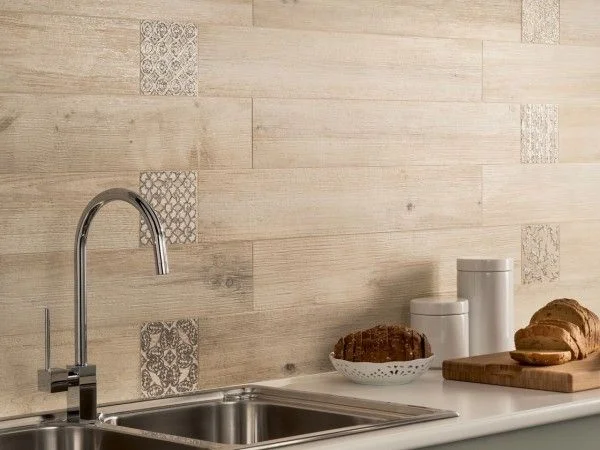 rustic wood and tile splashback