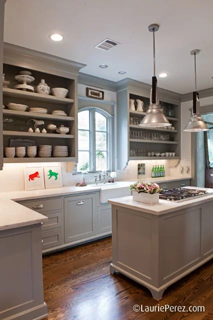 farmhouse kitchen with doorless cabinets