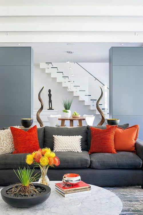 30 Elegant Living Room Colour Schemes, Orange Grey Living Room Ideas