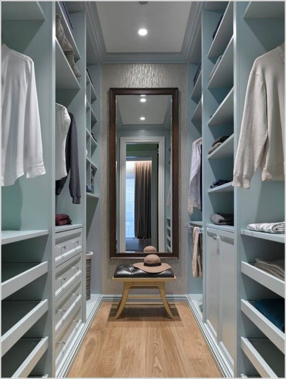 Skinny Walk-In Closet Footprint With Long Standing Mirror At The End With  An Ottoman To Put Your Shoes Lo… Closet Layout, Closet Design Layout, Closet  Remodel | Xn--90Absbknhbvge.Xn--P1Ai:443