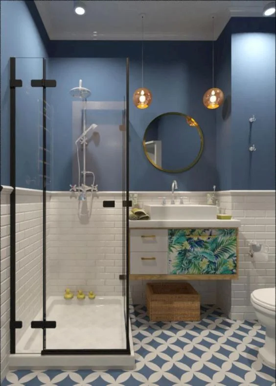white and blue bathroom