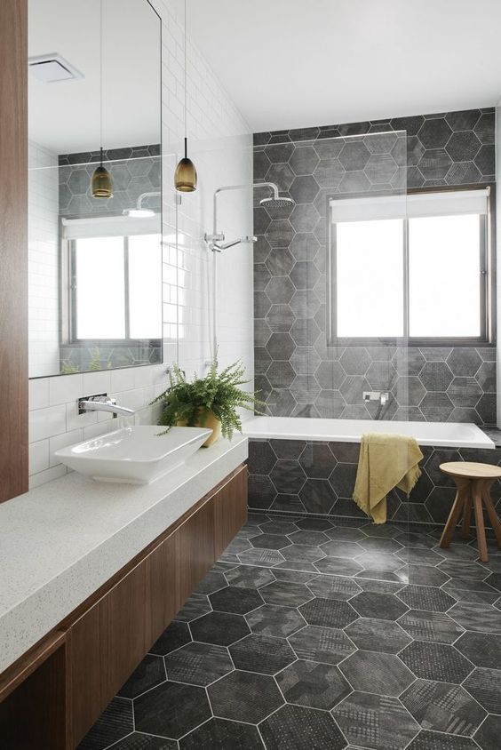 Small Bathroom Ideas And Designs, Black Hexagon Floor Tile Bathroom Ideas