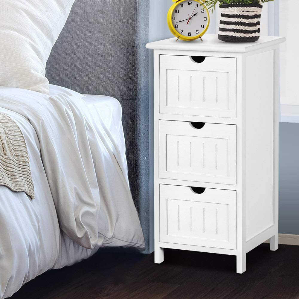 White Shabby Chic Bedside Unit Tables Drawers Cabinet Wicker Storage Wooden UK 