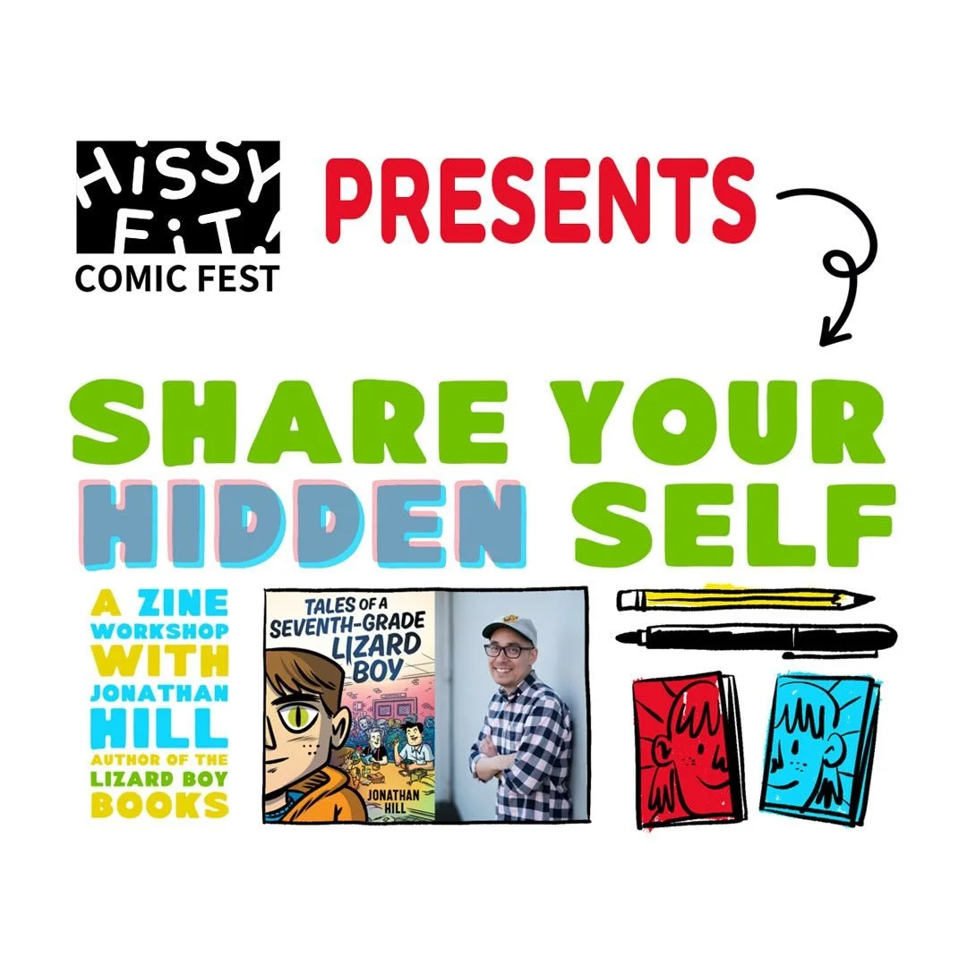 Jonathan Hill, author of the Lizard Boy series, will be joining us for Hissy Fit Comic Fest on Saturday, April 11! 🗯️

❗️1-2 PM: Book Signing at the SEQA department table
❗️ 3-4:30 PM: All-ages zine workshop

QR code on final slide!