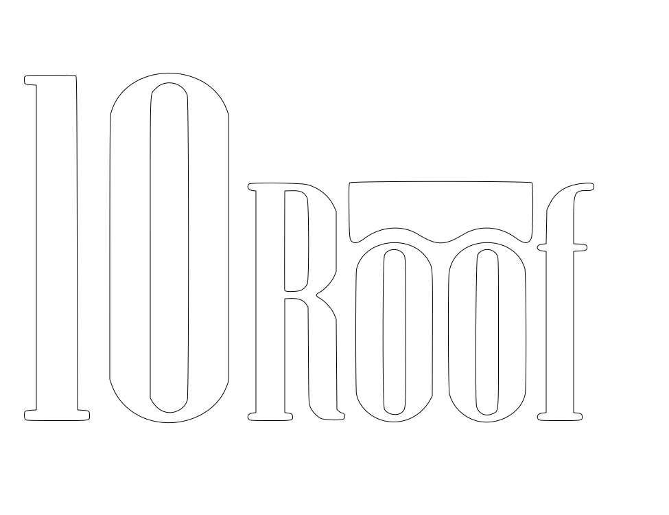 Logo with the text '10 Rooft' in large white letters on a black background, with a stylized roof over the letter 'f'.
