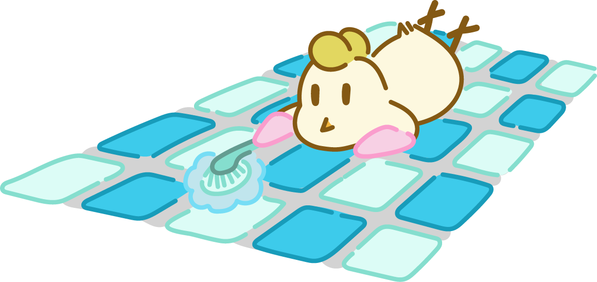 Cute cartoon chicken lying on a checkerboard floor with light blue and darker blue tiles, scrubbing the grout.