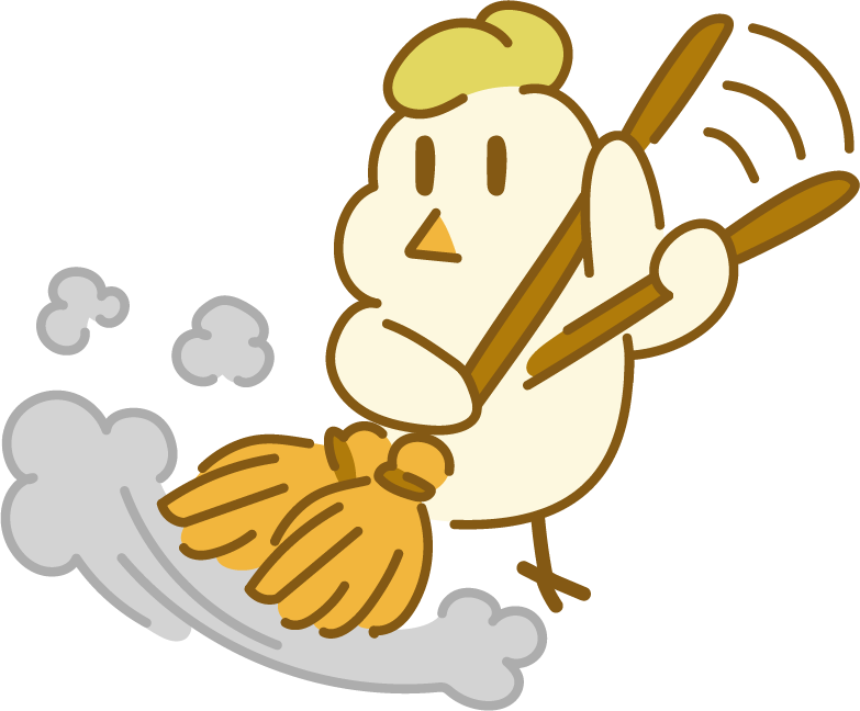 Cute cartoon chicken sweeping dust off the floor with a broom.