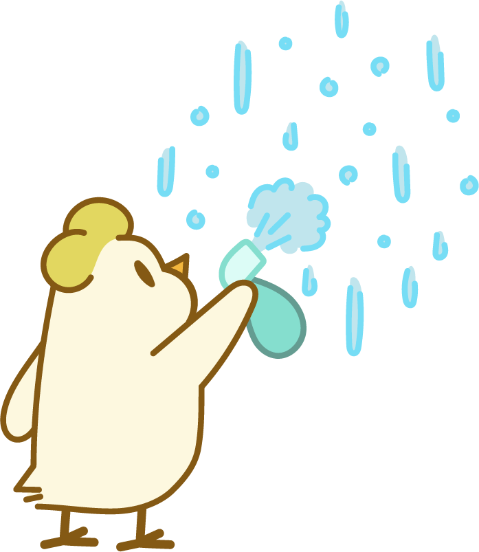 Cute cartoon chicken with a spray bottle, spraying a surface to clean it.