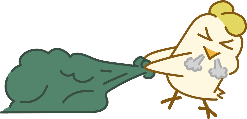 Cartoon chicken pulling a green spring cloud nose with a determined expression.