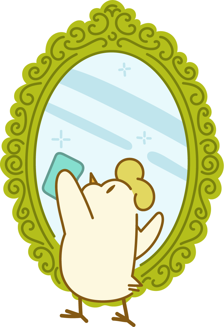 A cartoon chicken looking into a mirror and wiping the mirror with a cloth.