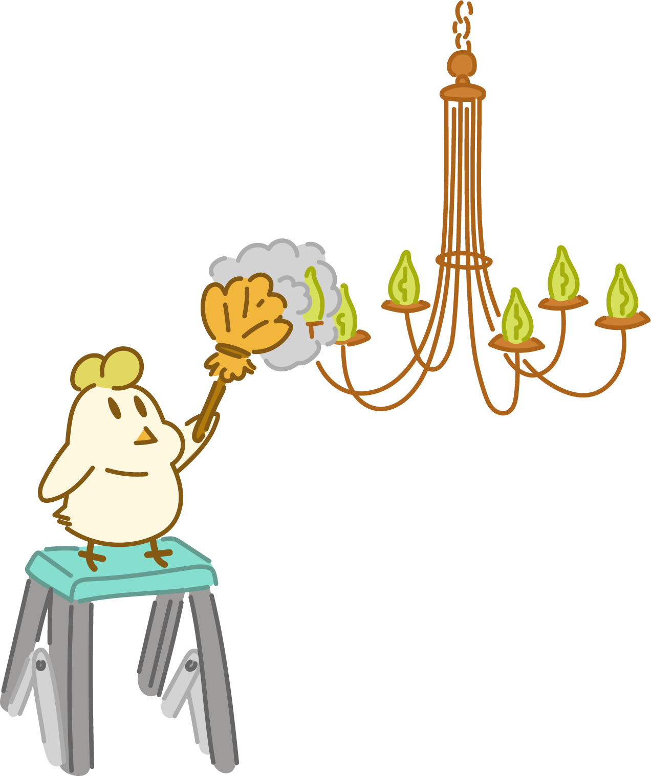 Cute cartoon chicken standing on a step stool is cleaning a chandelier with a duster.