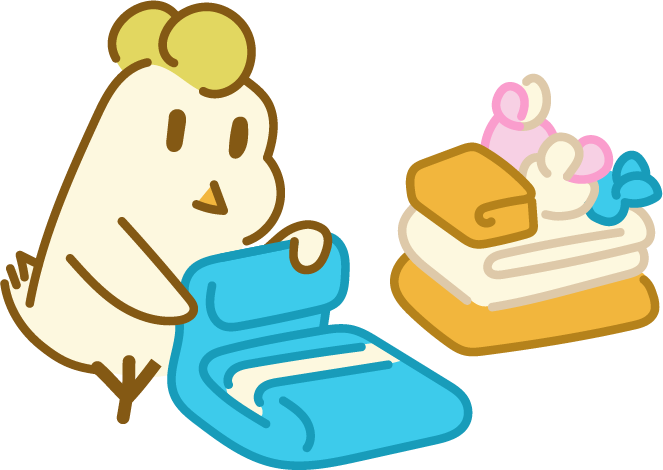 Cute cartoon chicken folding a blue blanket, with a stack of folded towels and washcloths in various pastel colors next to it.
