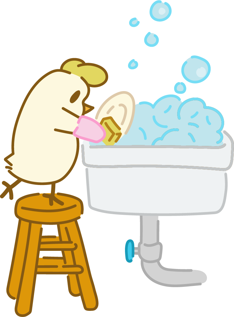 A cartoon chicken standing on a stool washing dishes in a sink with soapy water.