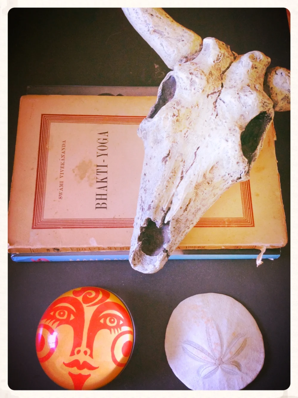 Cara found this vintage, Italian copy of "Bhakti Yoga" at a book stall on the streets of Rome. Paired with the skull that a shaman blessed, the psychedelic paperweight that she found in a vintage store, and the sand dollar given to her by an energy healer she shared a special connection with in Sedona, this vignette is full of devotion to journey and adventure. 