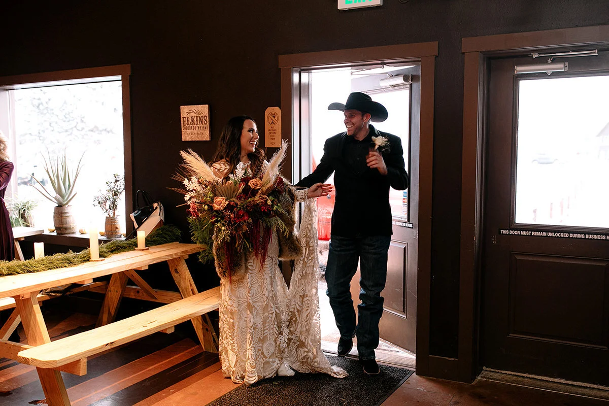 Estes Park Wedding Photographer Saint Catherine's Chapel on the Rock Avril Gown Florist Rocky Mountain National Park Denver Colorado Elopement Winter Wedding Allenspark Liz Osban Photography Destination Denver Wyoming Snowy Rue De Seine Boho Elkins Distilling Co