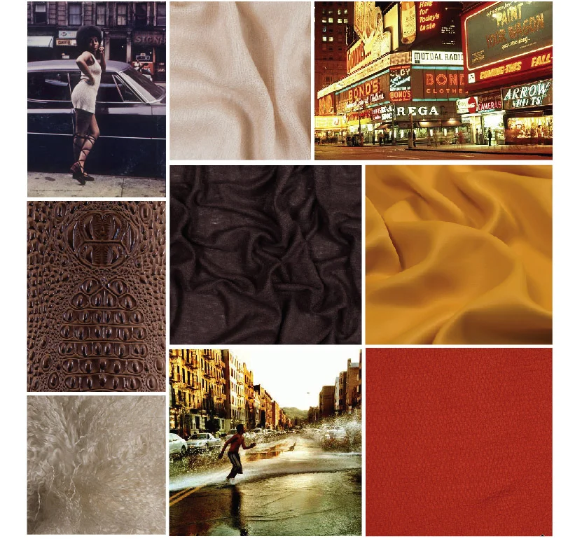 A fashion mood board created by Los Angeles fashion designer, Delaya Briscoe. Using references of 1970's fashion and style, the Black Panther Party, Pam Grier, black women with afros, classic Cadillac coupe devilles and New York summers, the images come together as a celebration of strong black women despite the struggles around them. The edge and strength is in the black and brown tones and the warmth and joy is brought on by the orange and yellow. Using leather, fur and other textured fabrics, combined with the color palette, this mood is great for fall and winter fashion.