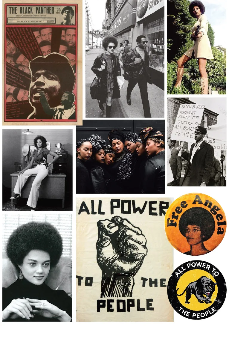 A fashion mood board created by Los Angeles fashion designer, Delaya Briscoe. Using references of 1970's fashion and style, the Black Panther Party, Pam Grier, black women with afros, classic Cadillac coupe devilles and New York summers, the images come together as a celebration of strong black women despite the struggles around them. The edge and strength is in the black and brown tones and the warmth and joy is brought on by the orange and yellow. Using leather, fur and other textured fabrics, combined with the color palette, this mood is great for fall and winter fashion.