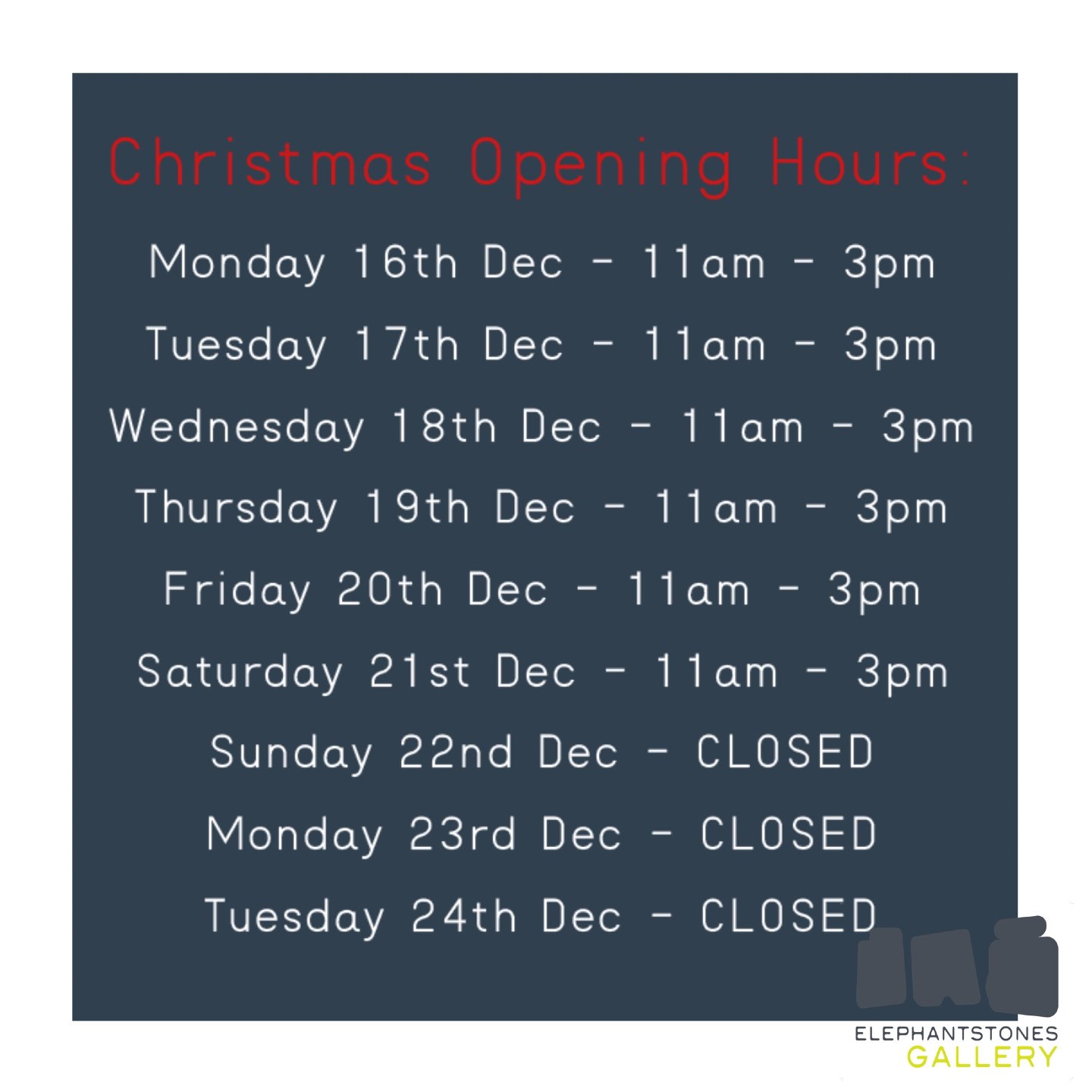 OPEN 11AM - 3PM MONDAY - SATURDAY BEFORE WE CLOSE! 🚨🎅🏼🎄
-
It's your last week to visit us and finish your festive shopping before we close for Christmas. Our Christmas opening hours are as follows: 
Monday 16th Dec - 11am - 3pm
Tuesday 17th Dec -