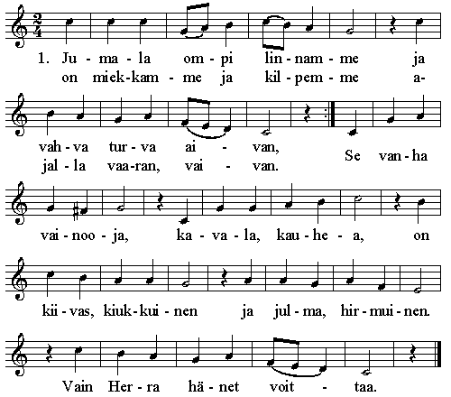 2. On turha oma voimamme vääryyden valtaa vastaan. Me turman vallat voitamme Herrassa ainoastaan. Hän, Kristus, kuningas, on voitonruhtinas, lyö joukot helvetin, ne tallaa jalkoihin ja voiton meille saattaa.3. Jos täyttyisikin maailma nyt valheen enkeleistä, niin pimeys ei voittoa kuitenkaan saisi meistä. Ne olkoot raivoissaan ja syöskööt kiukkuaan. Nyt valheen vallat on jo saaneet tuomion. Ne yksi sana kaataa. 4. Se sana seisoo vahvana, ne ei voi sitä kestää. Kun kanssamme on Jumala, ken meiltä voiton estää? Jos veis he henkemme, osamme, onnemme, ne heidän olkohon, vaan meidän iät on Jumalan valtakunta. Martti Luther n. 1528. Ruots. 1536. Suom. Jaakko Finno virsikirjaan 1583. Uud. Elias Lönnrot 1864. Uud. komitea 1886.