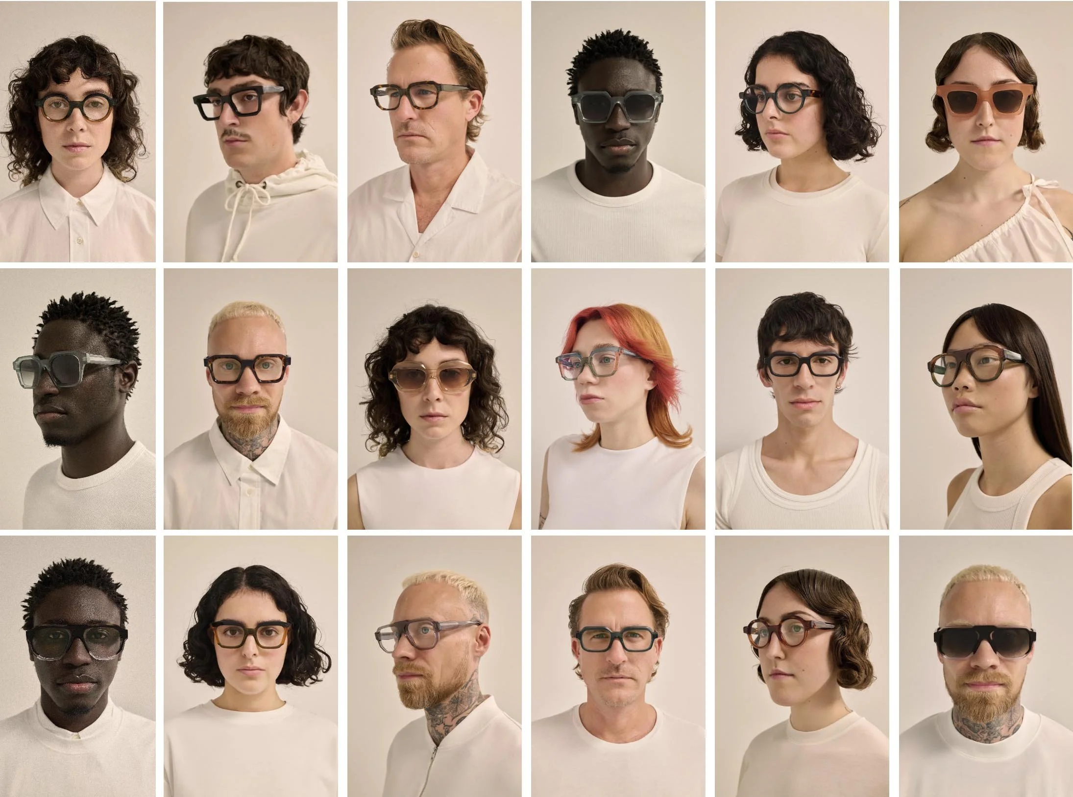 Collage of diverse individuals wearing different styles of eyeglasses and sunglasses, standing against a plain, off-white background.