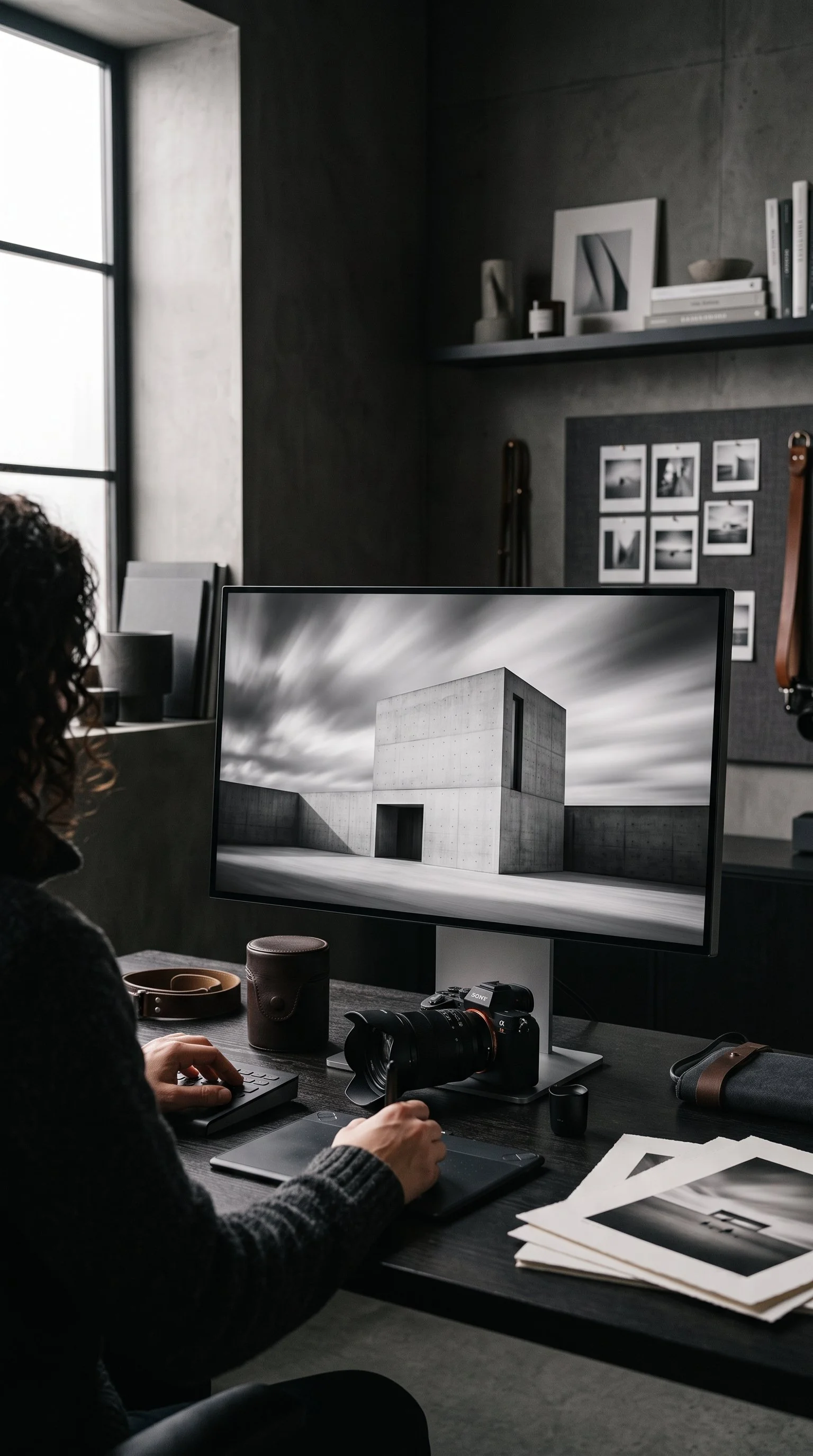 Person working at a desk with a large monitor displaying a modern concrete building and a cloudy sky, surrounded by camera equipment and papers, in a dark room with shelves and photos on the wall.