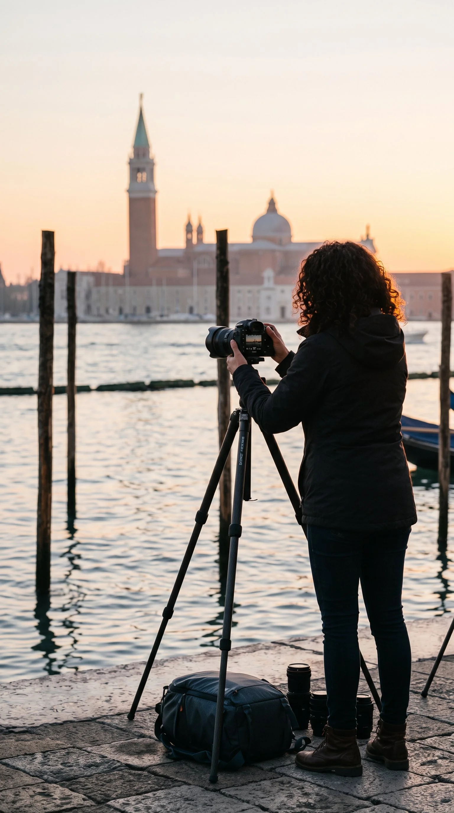 A person with curly hair taking photos of a sunset over Venice, Italy, with St. Mark's Basilica and the Campanile di San Marco in the background, by a canal with wooden posts.