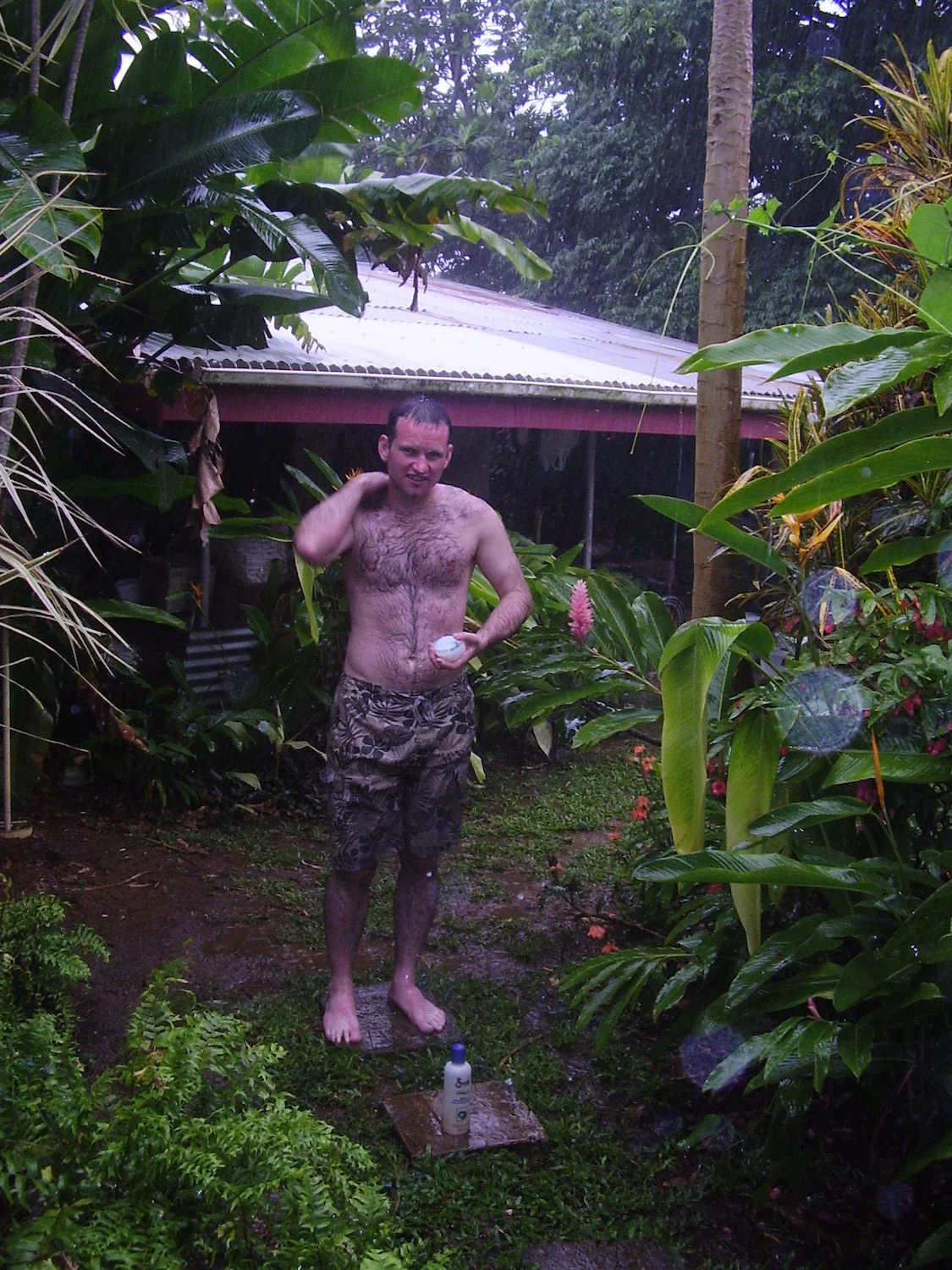Pic: The author takes a natural shower. Note the gorgeous flora supported by the rainfall.