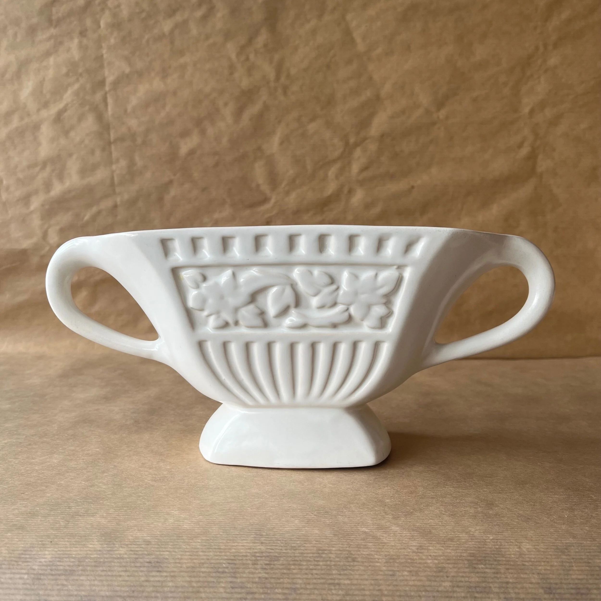 Price Bros Duo Embossed Floral White Twin Handle Mantle Vase