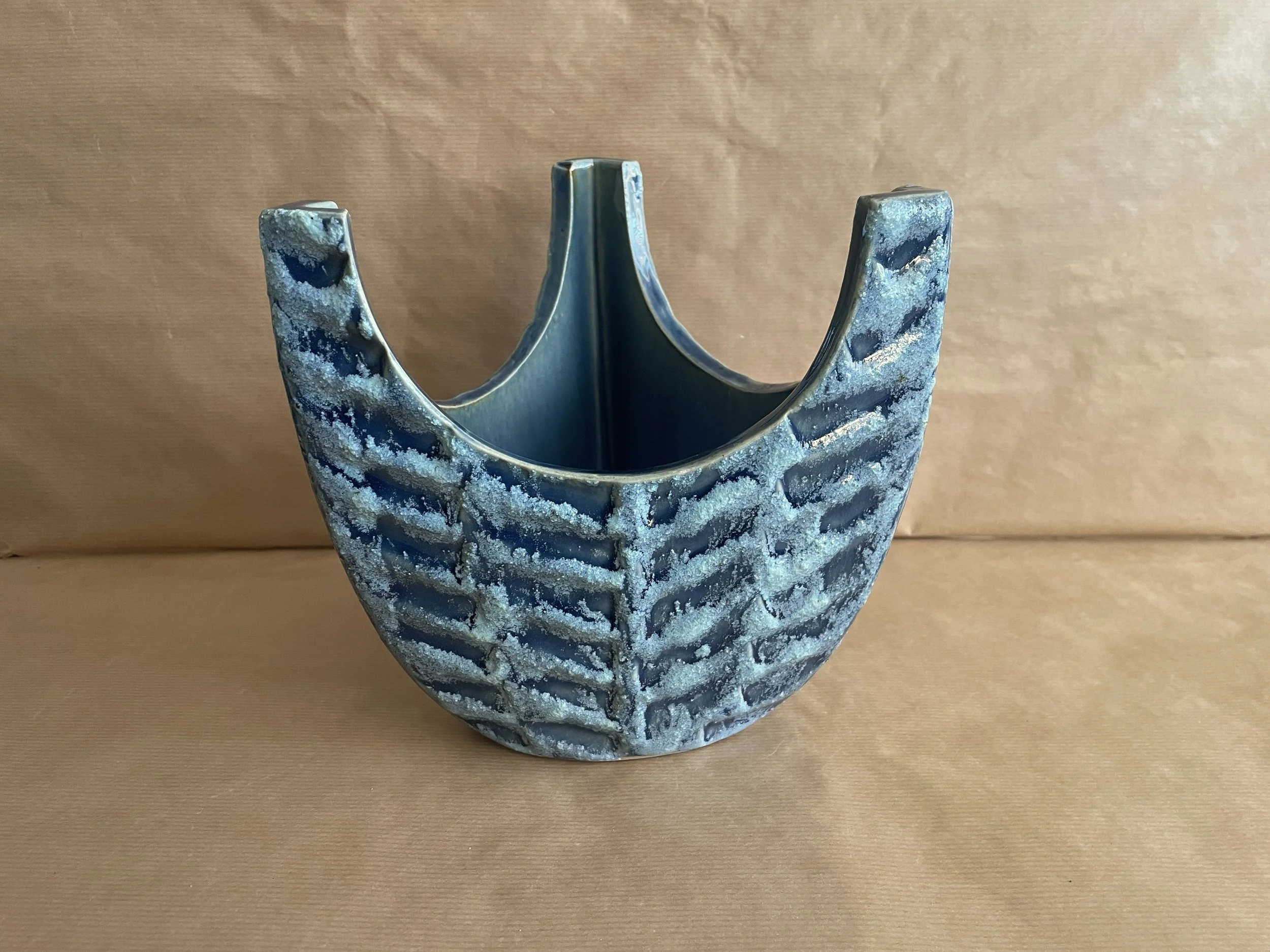 Extra Large Blue Textured Triangular Ikebana Vase