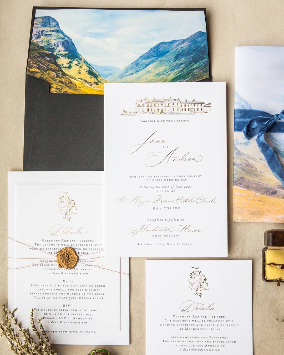 Starting the week with a little gold foil venue illustration on beautiful cotton card and rather into this Scottish landscape liner which admittedly is from one of my own photos.

I'm taking a little time off this week and am headed to London althoug