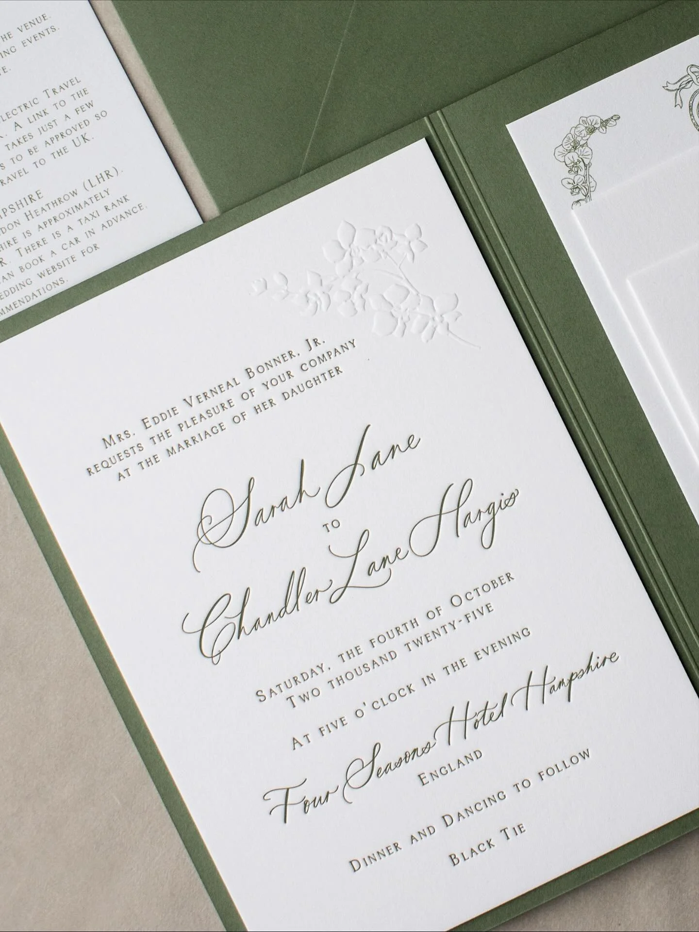 Crisp green letterpress and embossed invites for a chic October wedding at the glorious Four Seasons

 #letterpress #fortheloveofletterpress #stationerydesign #fineartweddings #weddingstationery #fourseasonswedding #englishwedding #destinationwedding