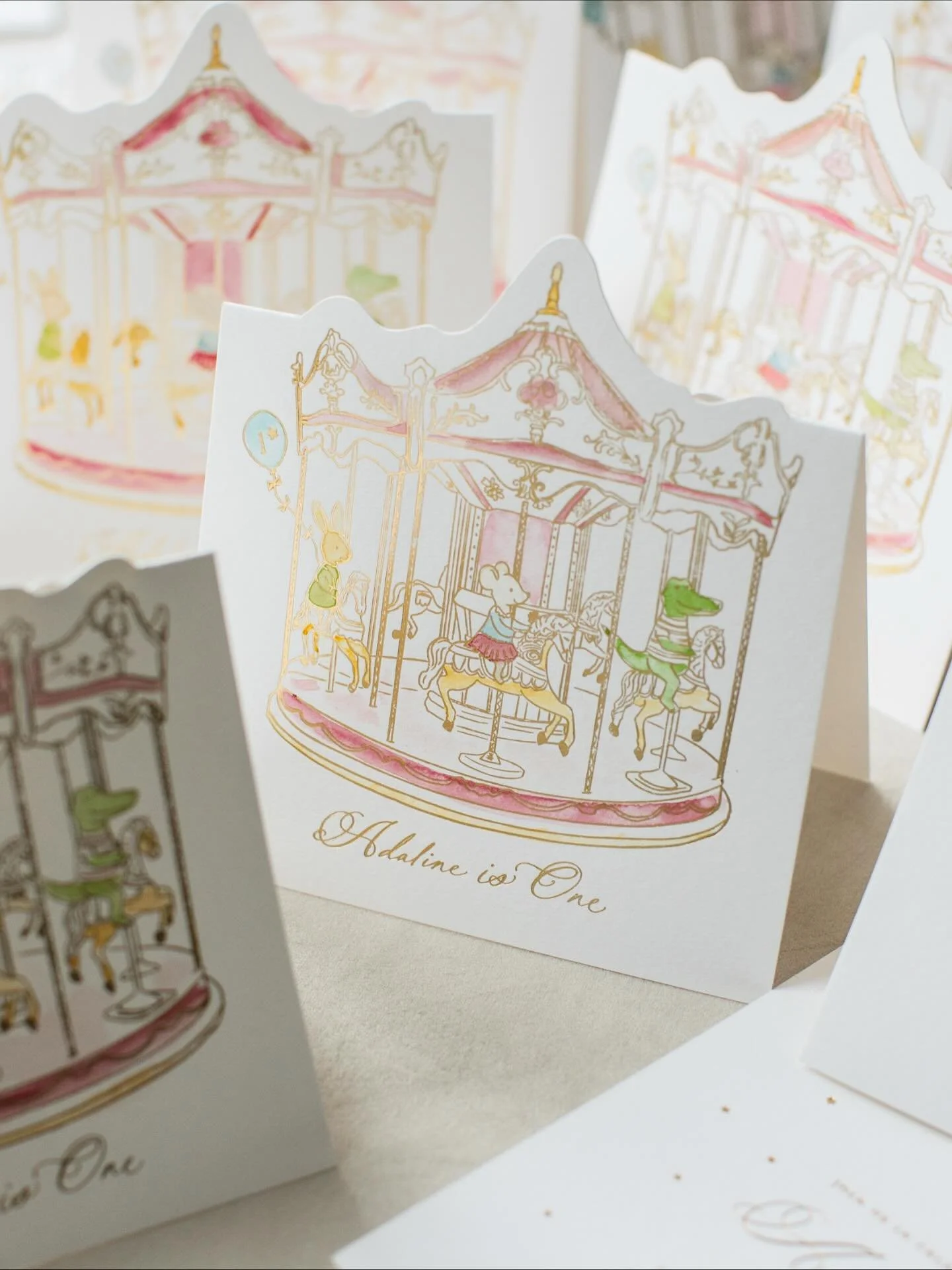 When one of my lovely past couples asked me to create invitations for their daughter&rsquo;s first birthday birthday I wanted to do something they&rsquo;d keep for years to come.

Inspired by classic carousel rides, I designed a stand-up invitation a