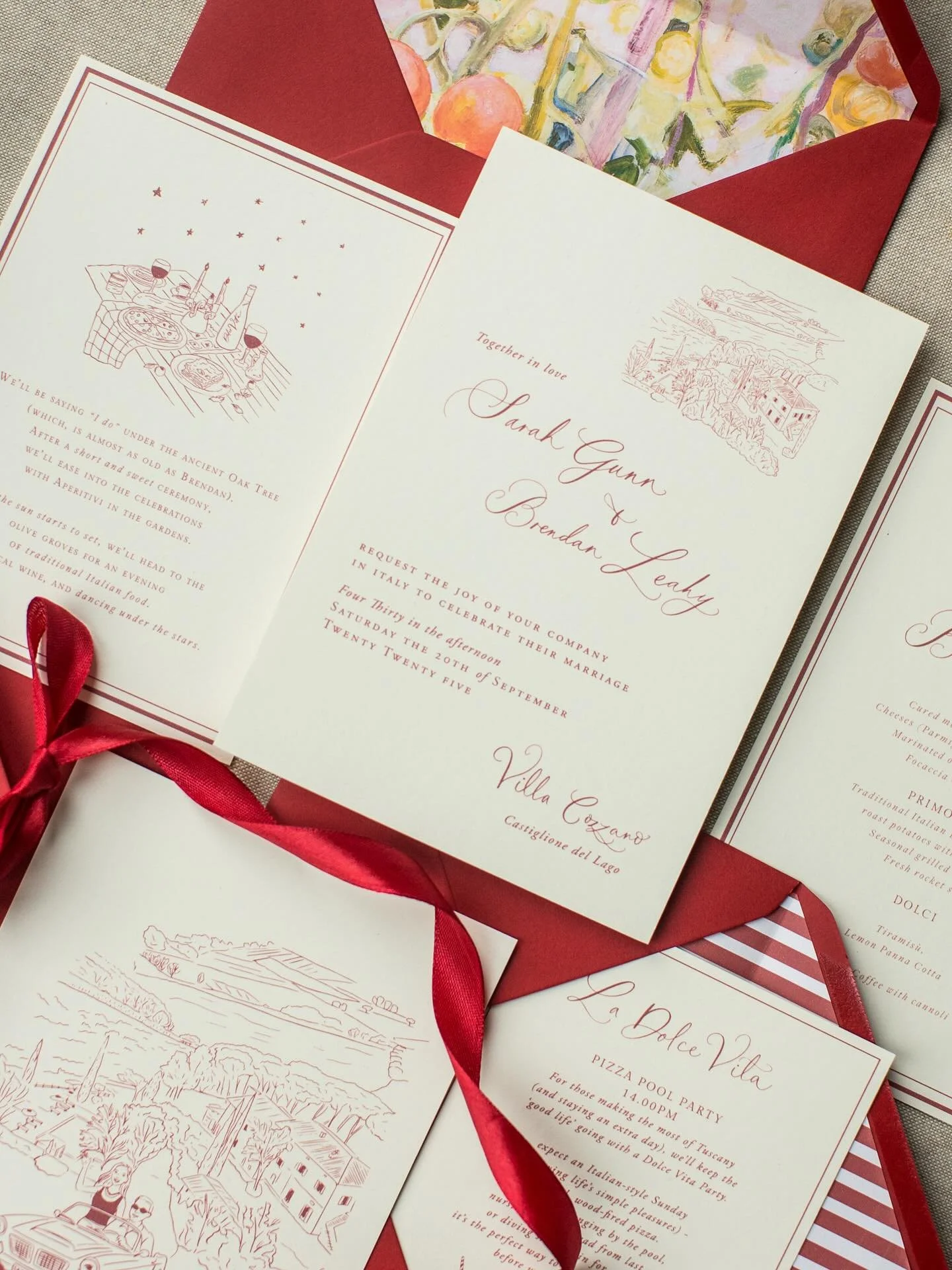 Bright and bold with an elevated minimal touch for a stunning Italian wedding. Hand-drawn illustrations captured the magic of vows beneath an old oak tree and dinner and dancing  among the olive groves. 

#customstationerydesign #italianstationery #w